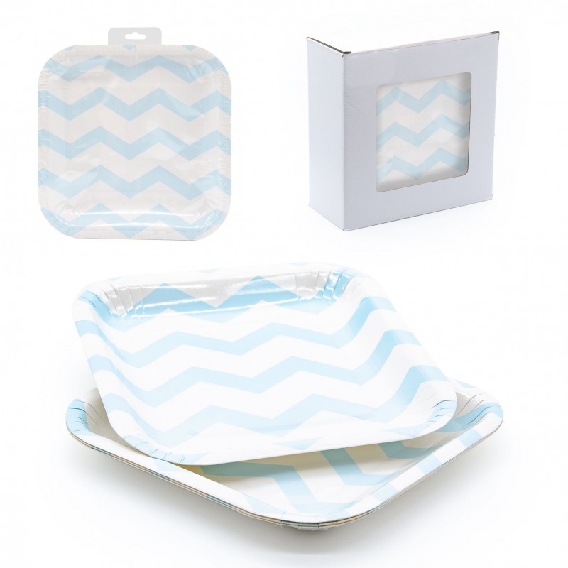 Assiette 6 gâteau carré 22x22 bleu zigzag