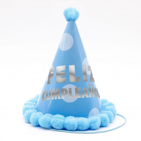 Bonnet pompon 12 5cm joyeux anniversaire bleu
