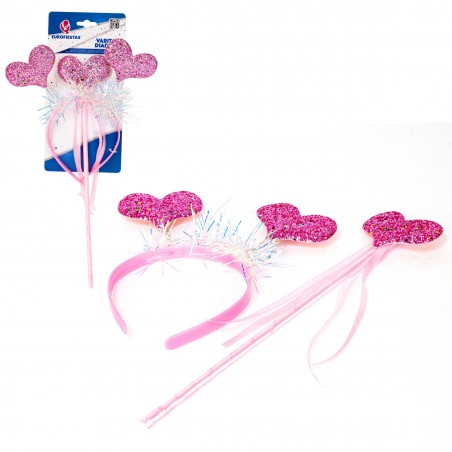 Serre Tête Coeurs Pailletés Roses + Baguette