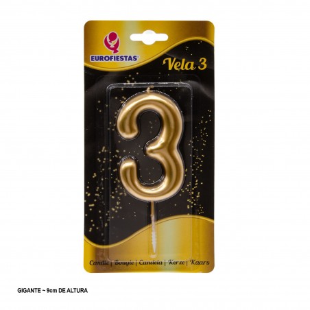 Bougie géante numéro 3 9cm or