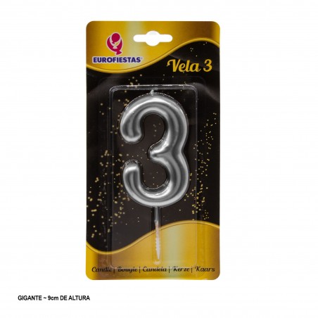 Bougie numéro 3 grande et couleur argent