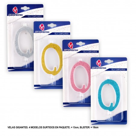 Bougie géante pailletée numéro 0 couleurs assorties