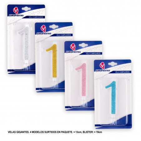 Bougie géante pailletée numéro 1 couleurs assorties