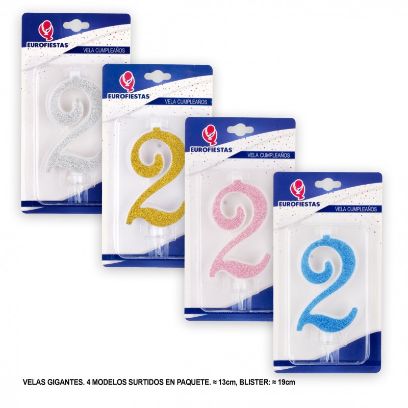 Bougie géante pailletée chiffre 2 couleurs assorties