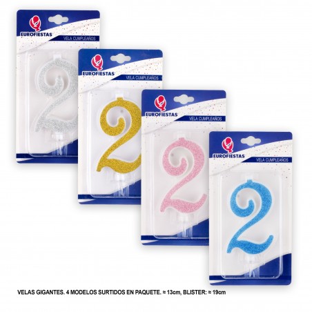 Bougie géante pailletée chiffre 2 couleurs assorties