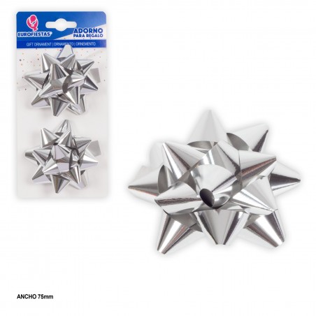 Décoration pour cadeau 2 pièces 7,5 cm brillance argentée