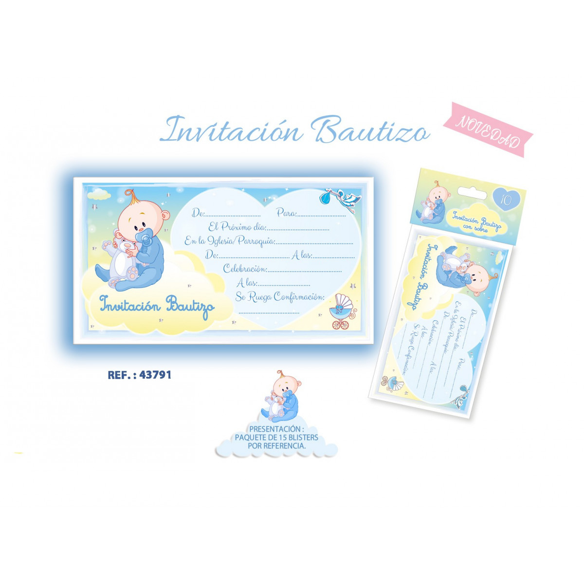 Blister de 10 invitations de baptême garçon