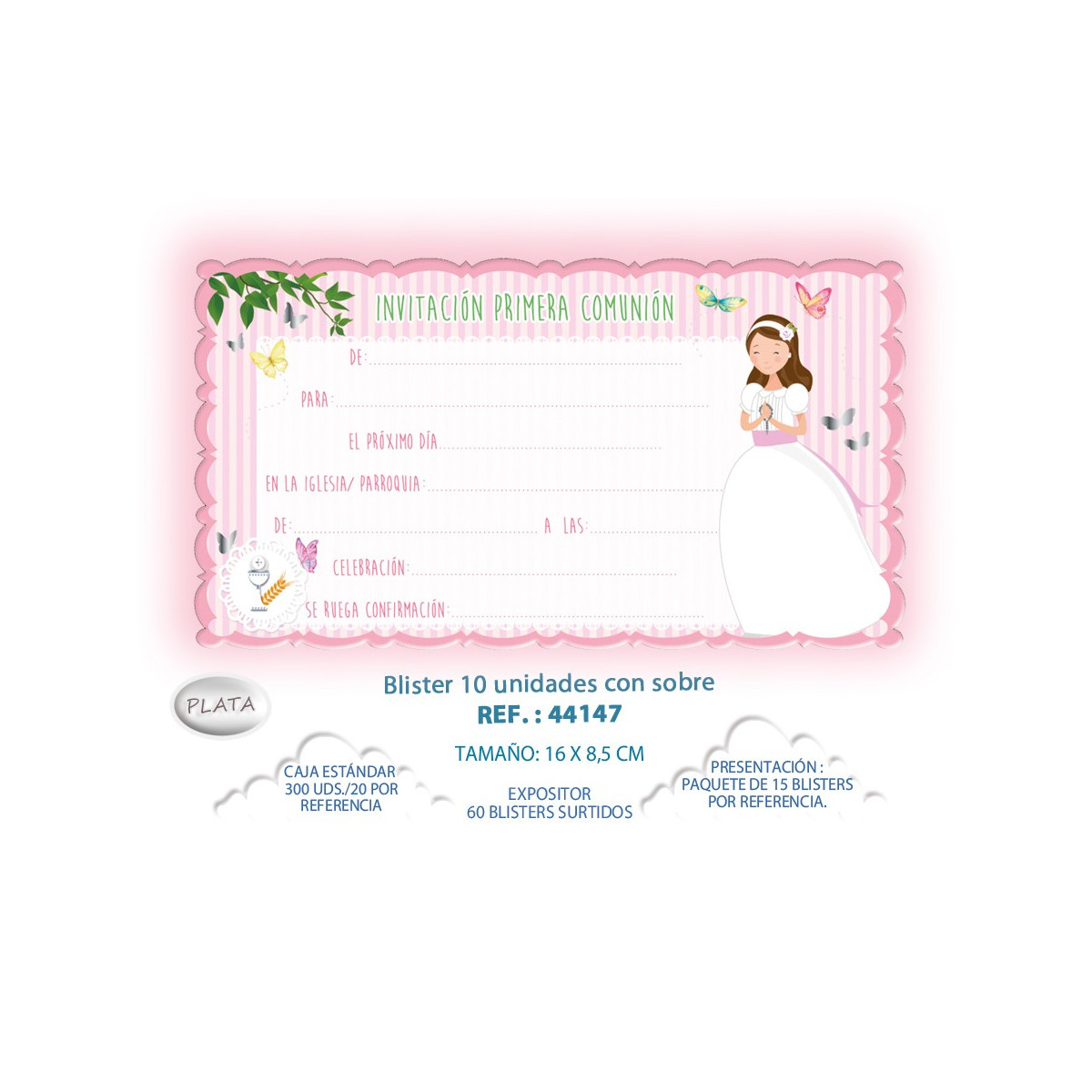 Blister 10 invitation + enveloppe communion fille papillons