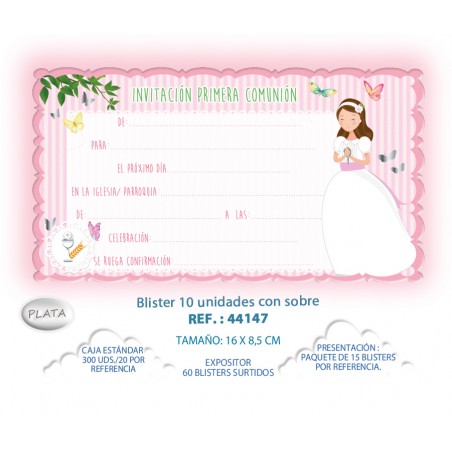 Blister 10 Invitation + Enveloppe Communion Fille Papillons