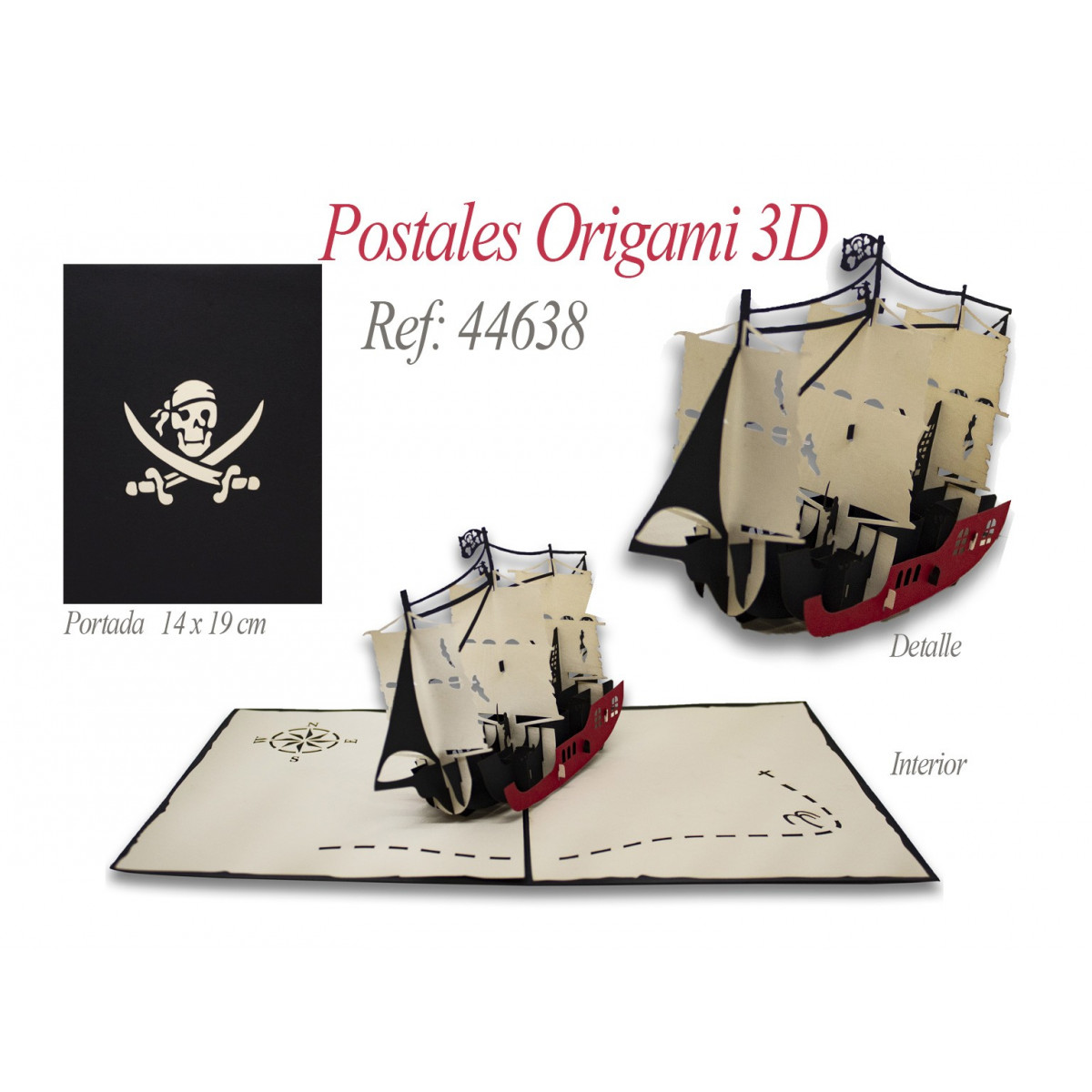 Postal 3d origami bateau pirate