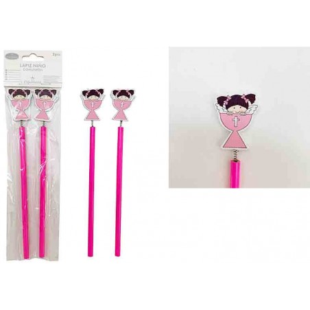 Blister de 2 crayons communion fille rose