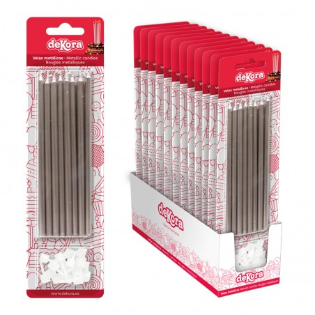 Blister de 16 bougies métalliques argentées, 13 cm