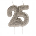Bougie numéro 25 avec paillettes argentées Décoration brillante pour célébrations