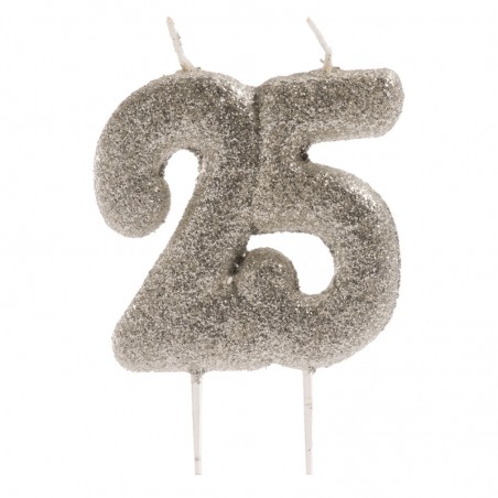 Bougie 25e anniversaire pailletée argent 8cm