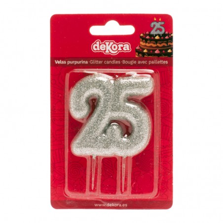 Bougie numéro 25 avec paillettes argentées Décoration brillante pour célébrations