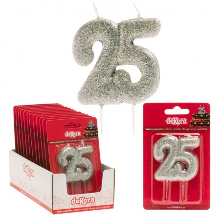 Bougie numéro 25 avec paillettes argentées Décoration brillante pour célébrations