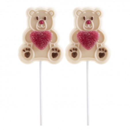 Sucettes au chocolat blanc ours avec gelée coeur 45 gr