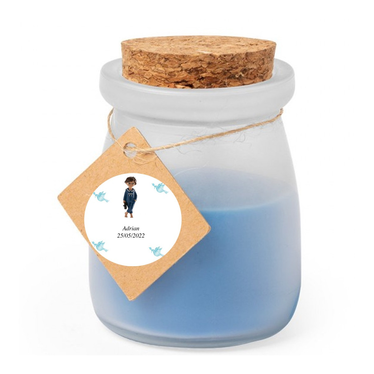 Bougie parfumée en verre personnalisée pour la communion d'un garçon