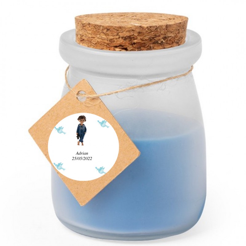 Bougie parfumée en verre personnalisée pour la communion d'un garçon