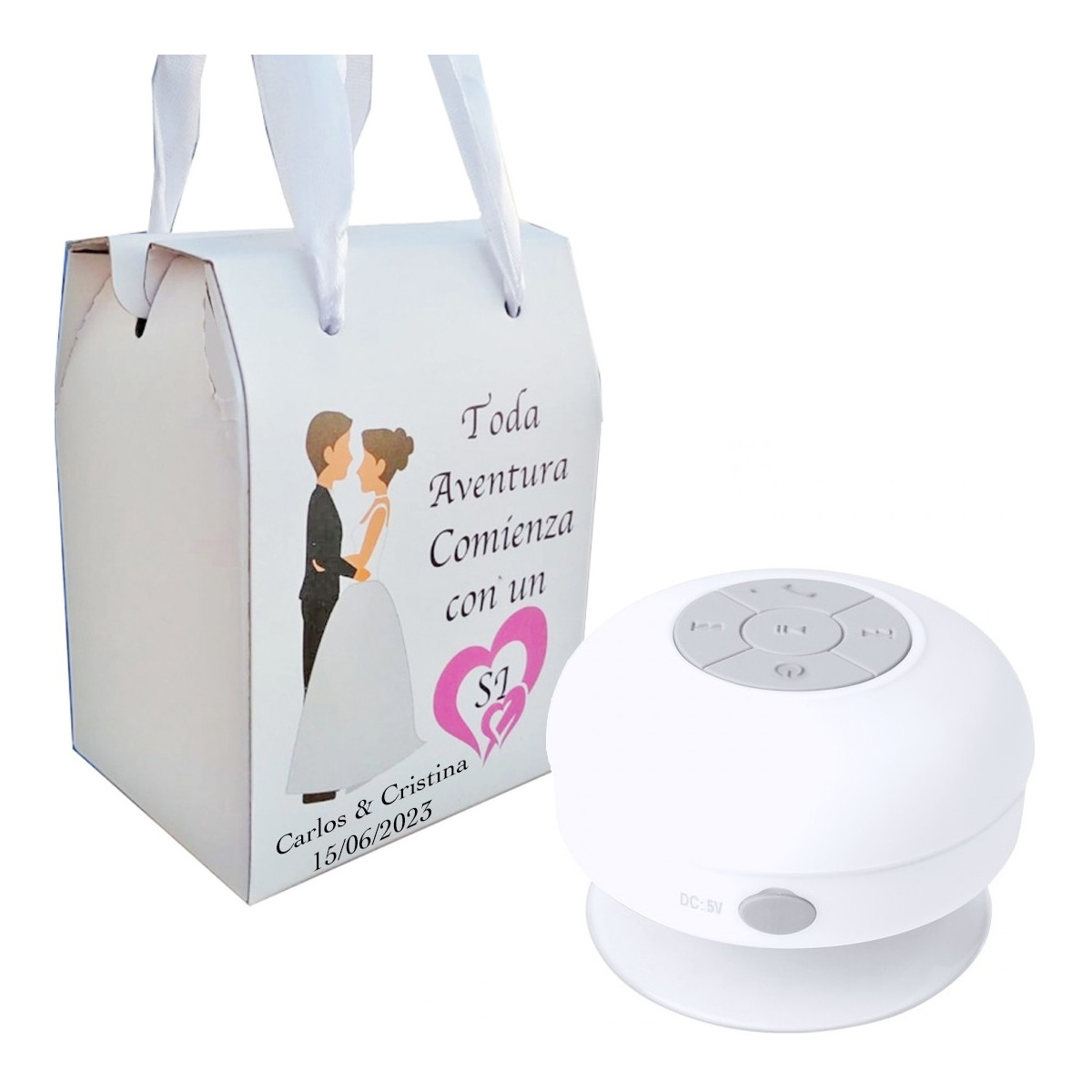 Enceinte Bluetooth étanche dans un coffret de mariage personnalisé