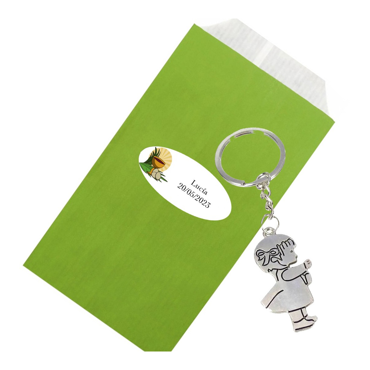 Porte clés de fille de communion dans une enveloppe verte personnalisée