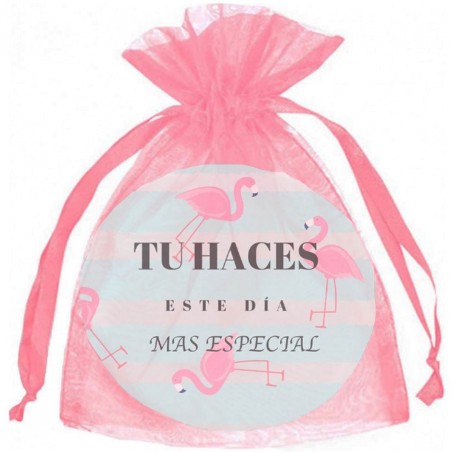 Miroir flamingo dans un sac en organza rose bonbon pour les invités