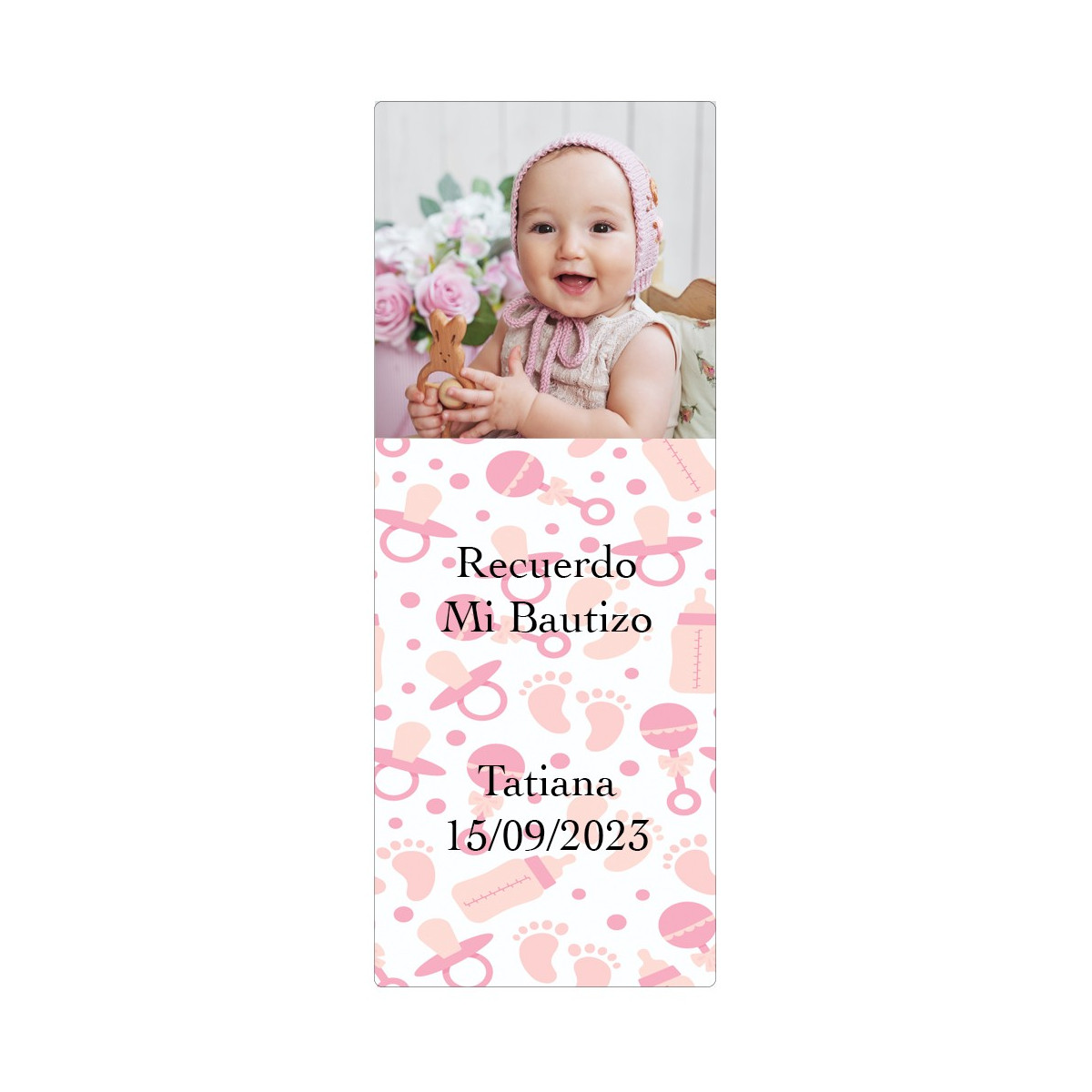 Sticker baptême rose personnalisé avec photo