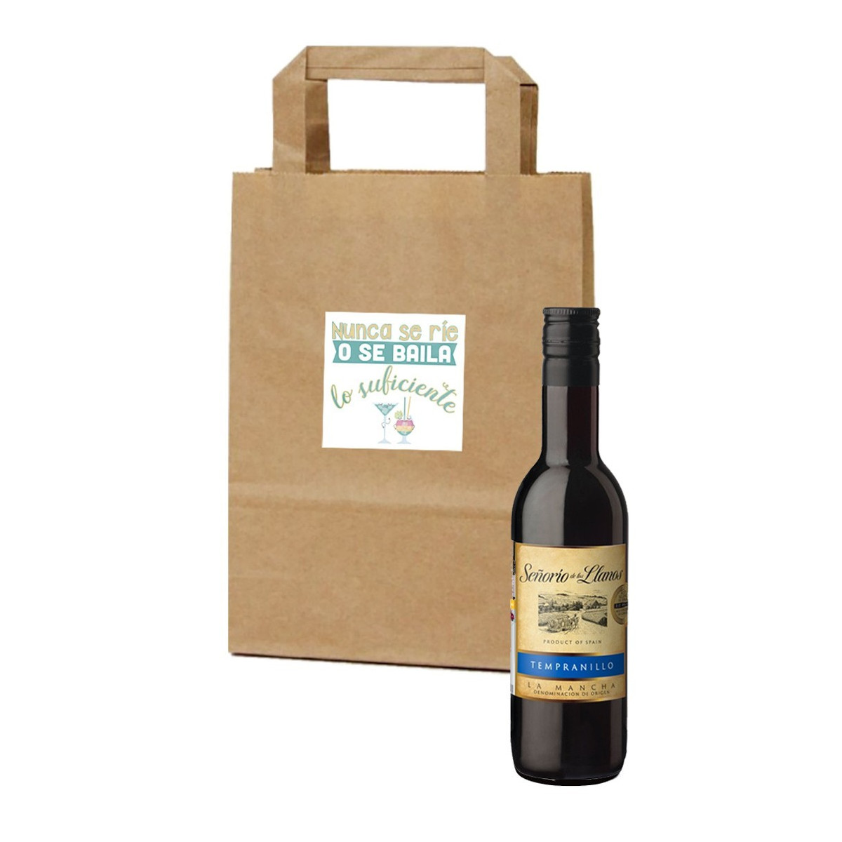 Bouteille de vin dans un sac en papier avec un autocollant de phrase