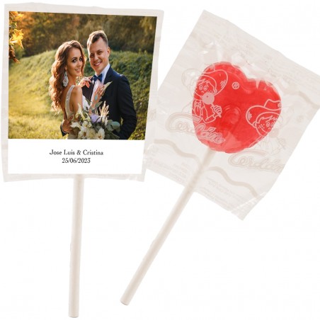 Sucettes personnalisées avec photos et texte pour mariages, baptêmes, communions, anniversaires et entreprises.
