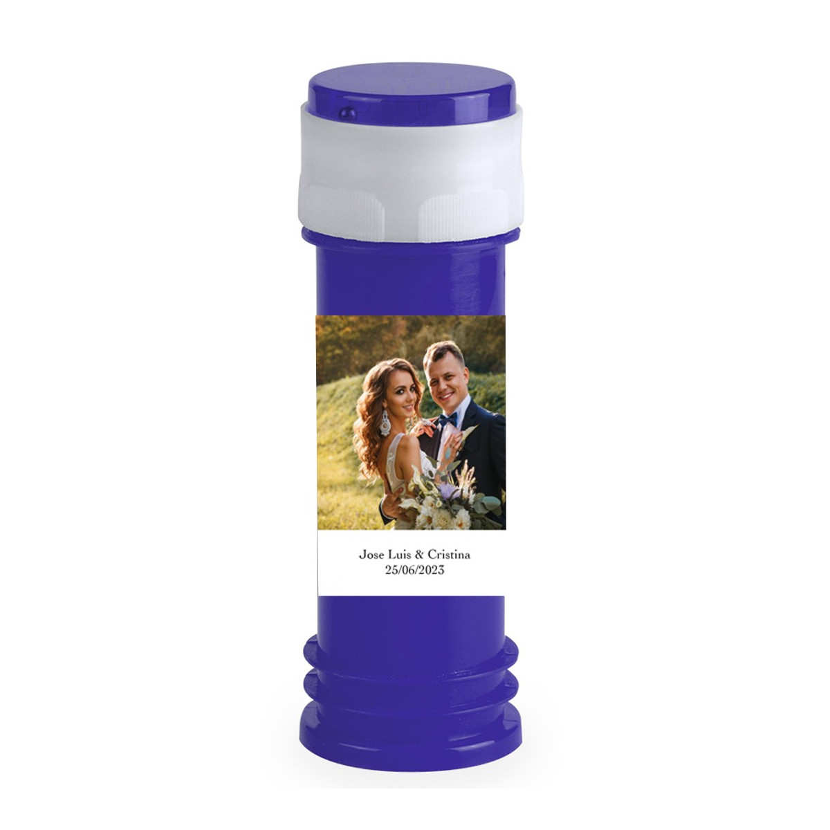 Pompe à bulles personnalisée avec photo sans liquide pour mariages, baptêmes, communions, anniversaires et entreprises.