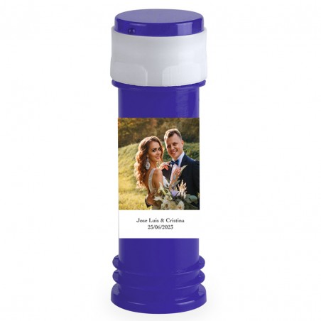 Pompe à bulles personnalisée avec photo sans liquide pour mariages, baptêmes, communions, anniversaires et entreprises.
