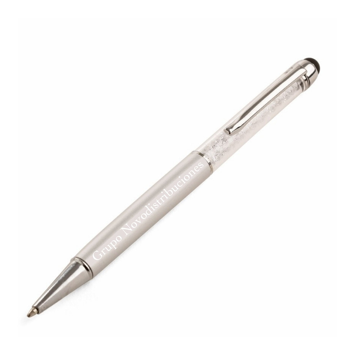 Stylo personnalisé couleur argent présenté dans une boîte cadeau