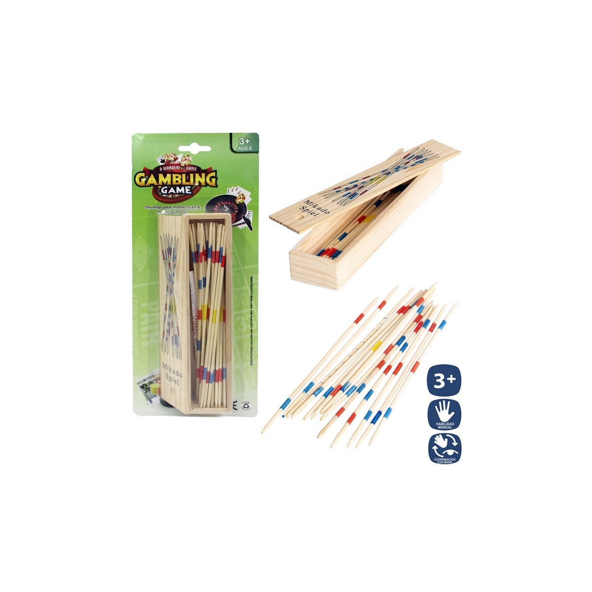 Mikado en bois 31 pièces boîte avec couvercle 18 cm
