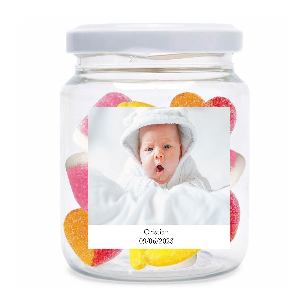 Pot de bonbons personnalisé avec photo et texte pour mariages, baptêmes, communions, anniversaires et événements d'entreprise.