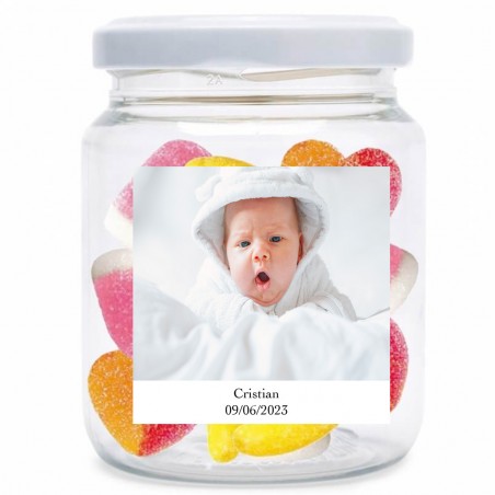 Pot de bonbons personnalisé avec photo et texte pour mariages, baptêmes, communions, anniversaires et événements d'entreprise.
