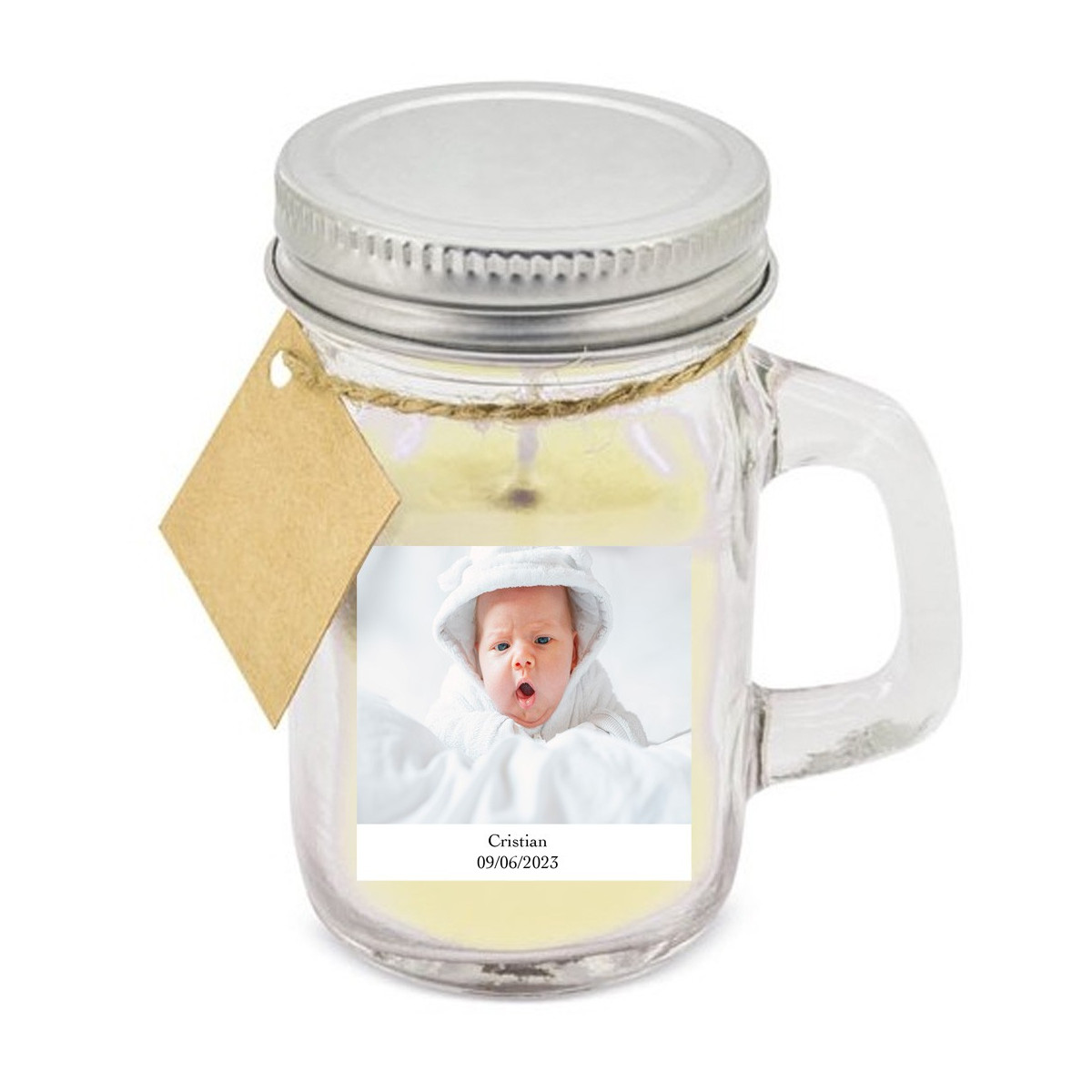 Bougie aromatique personnalisée avec photo et texte pour les mariages, baptêmes, communions et anniversaires