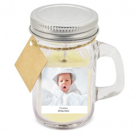 Bougie aromatique personnalisée avec photo et texte pour les mariages, baptêmes, communions et anniversaires