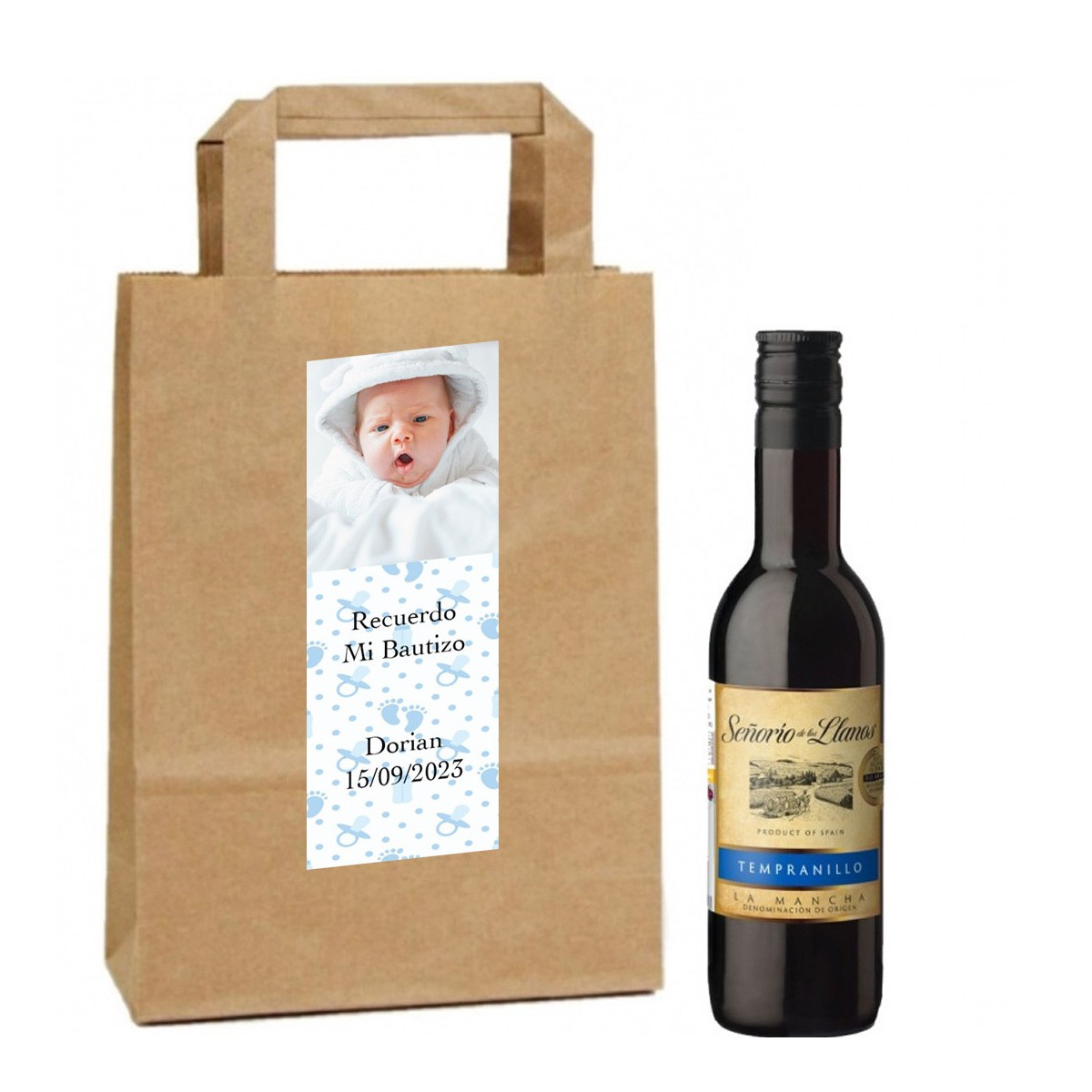 Vin personnalisé avec photo et texte pour le baptême d'un garçon