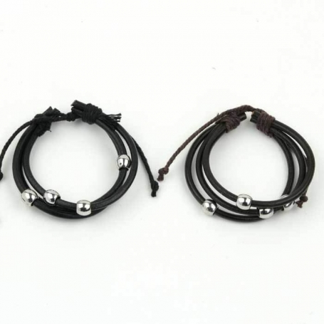 Bracelet noir ajustable avec billes métalliques