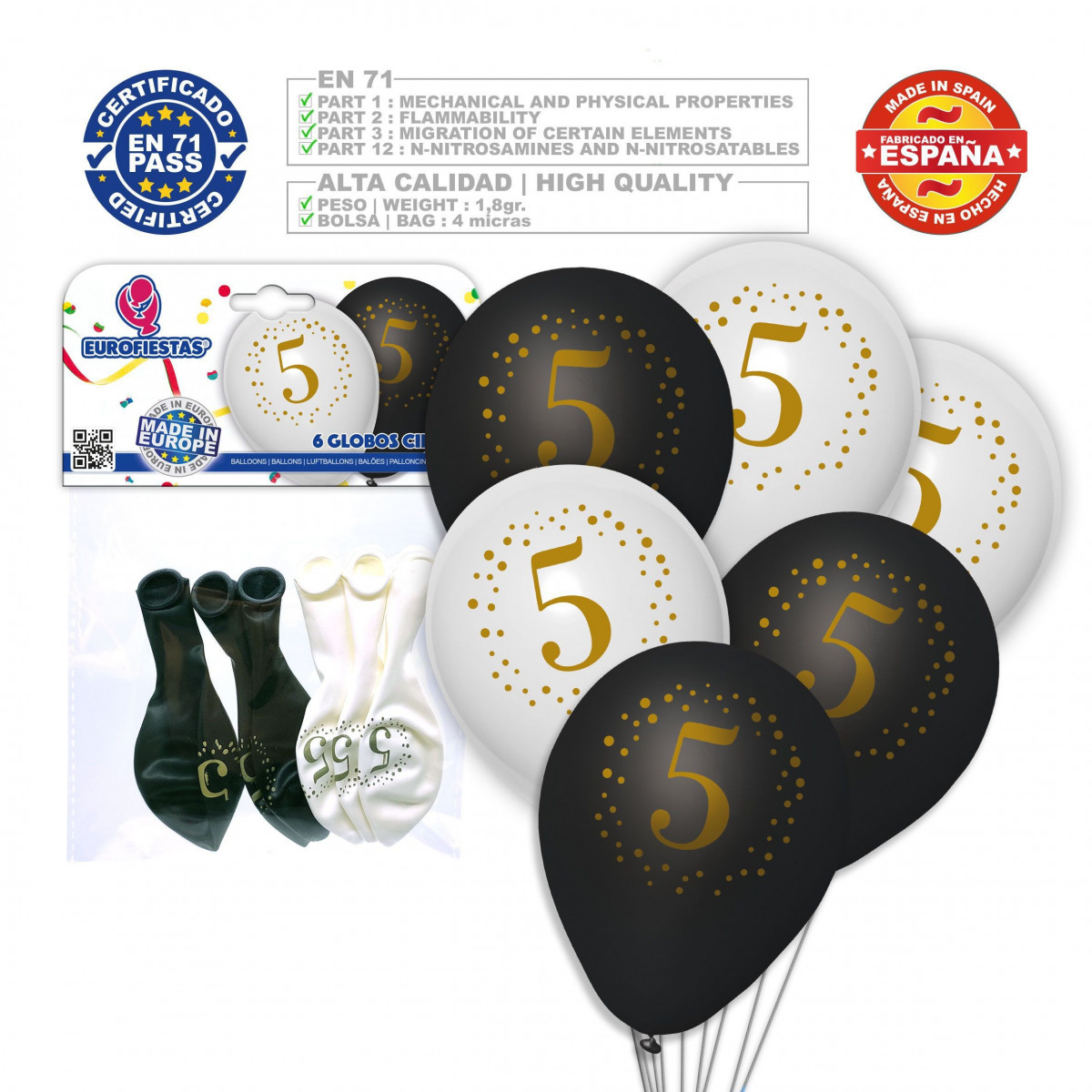 Ballons imprimés 5 blanc noir