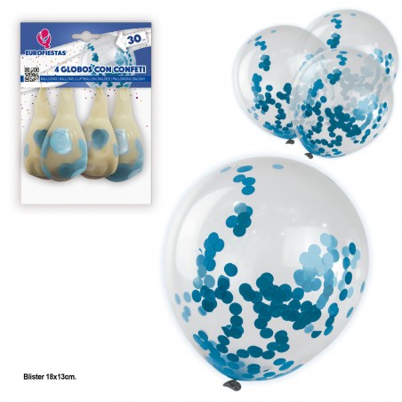 4 ballons avec confettis en papier bleu