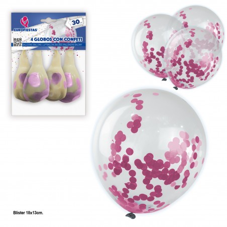 4 ballons avec confettis en papier rose