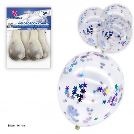 4 ballons avec des étoiles colorées de confettis métalliques