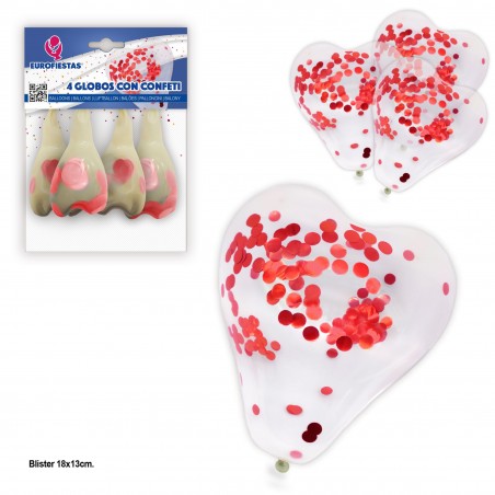 Ballons Cœur 4 Avec Confettis Métalliques Rouges