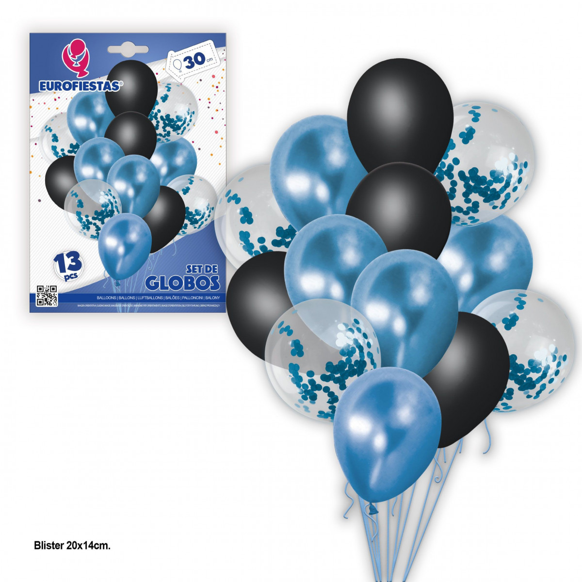 Ensemble de 13 ballons chrome pastel + confettis bleus