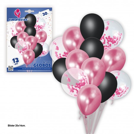 Set de ballons 13 chrome pastel + confettis roses