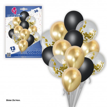 Set de ballons 13 chrome pastel + confetti or