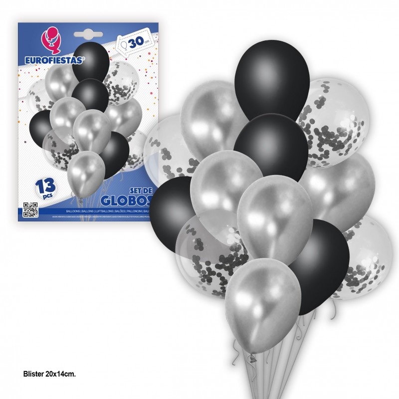 Set de ballons chrome 13 pastel + confetti argent