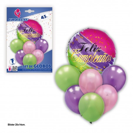 Set de ballons joyeux anniversaire rose violet