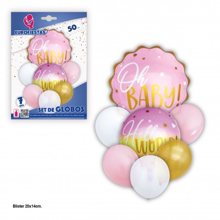 Set de ballons oh bébé bonjour monde rose